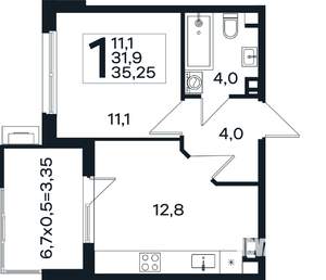 1-к квартира, вторичка, 35м2, 4/4 этаж