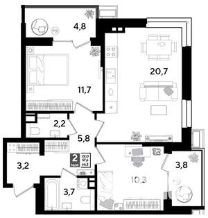 2-к квартира, строящийся дом, 66м2, 9/18 этаж