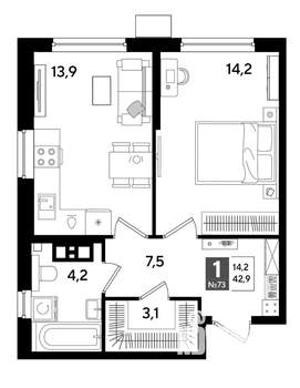 1-к квартира, вторичка, 43м2, 9/19 этаж