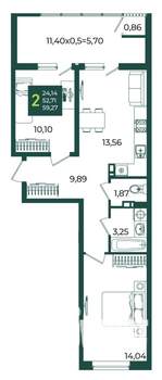 2-к квартира, вторичка, 59м2, 3/18 этаж