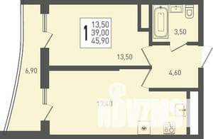 1-к квартира, строящийся дом, 46м2, 19/24 этаж