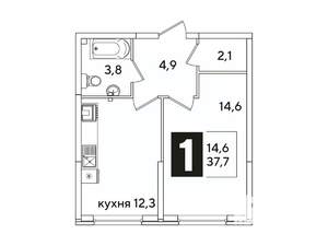 1-к квартира, вторичка, 38м2, 2/16 этаж