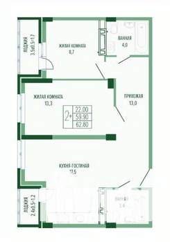 2-к квартира, вторичка, 63м2, 3/4 этаж