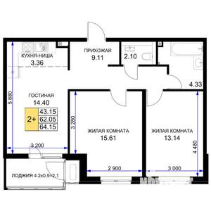 2-к квартира, строящийся дом, 64м2, 2/16 этаж