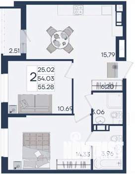 2-к квартира, вторичка, 55м2, 10/18 этаж