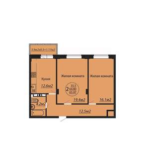 2-к квартира, вторичка, 66м2, 6/6 этаж