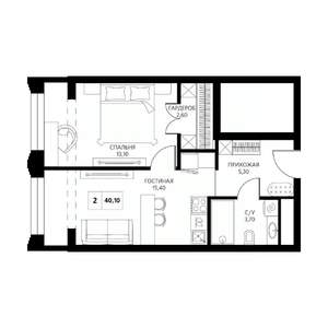 2-к квартира, строящийся дом, 40м2, 4/19 этаж