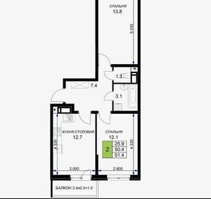 2-к квартира, вторичка, 52м2, 11/16 этаж