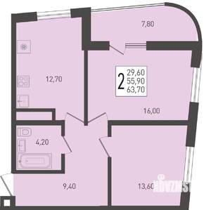 2-к квартира, строящийся дом, 64м2, 23/24 этаж