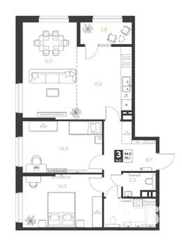 3-к квартира, строящийся дом, 79м2, 4/8 этаж