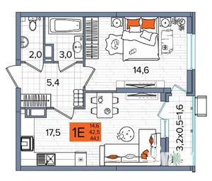 1-к квартира, сданный дом, 44м2, 16/16 этаж