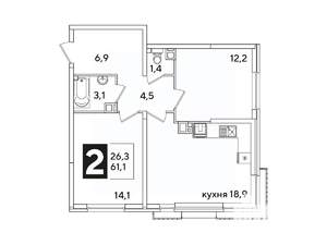 2-к квартира, вторичка, 61м2, 7/16 этаж