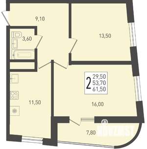 2-к квартира, строящийся дом, 62м2, 23/24 этаж