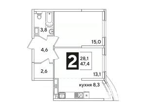 2-к квартира, вторичка, 47м2, 13/16 этаж