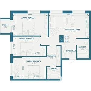 3-к квартира, строящийся дом, 89м2, 4/9 этаж