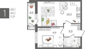 1-к квартира, строящийся дом, 48м2, 2/24 этаж