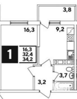 1-к квартира, вторичка, 35м2, 7/8 этаж