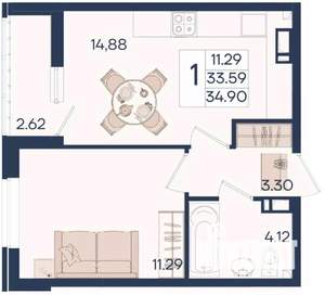 1-к квартира, вторичка, 35м2, 8/18 этаж