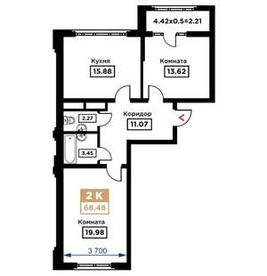 2-к квартира, сданный дом, 68м2, 6/25 этаж