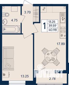 1-к квартира, вторичка, 41м2, 2/18 этаж
