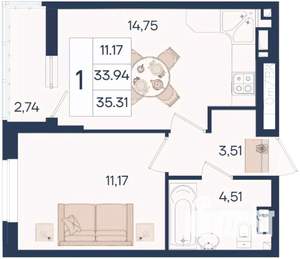 1-к квартира, вторичка, 35м2, 4/18 этаж