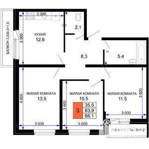 3-к квартира, вторичка, 66м2, 2/16 этаж