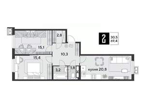 2-к квартира, вторичка, 69м2, 15/18 этаж