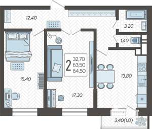 2-к квартира, строящийся дом, 65м2, 1/12 этаж