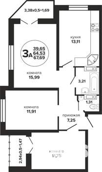 3-к квартира, вторичка, 68м2, 23/24 этаж
