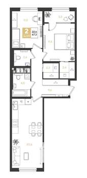 2-к квартира, строящийся дом, 67м2, 6/9 этаж