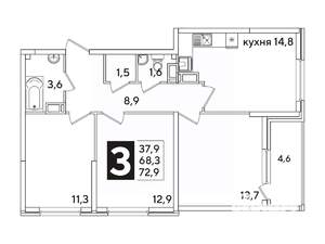 3-к квартира, вторичка, 73м2, 12/16 этаж