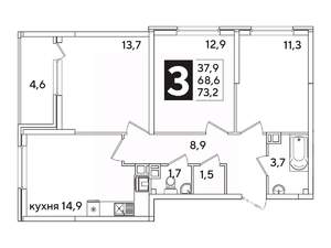 3-к квартира, вторичка, 73м2, 4/16 этаж