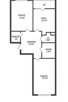 2-к квартира, вторичка, 58м2, 1/12 этаж
