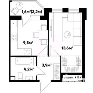 1-к квартира, вторичка, 33м2, 1/9 этаж