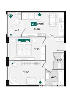 2-к квартира, вторичка, 54м2, 6/18 этаж
