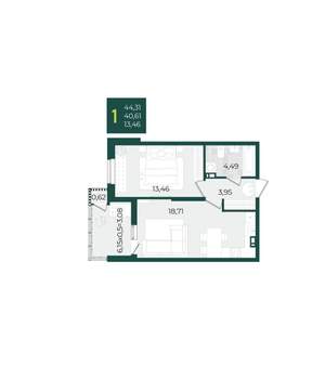 1-к квартира, строящийся дом, 44м2, 4/21 этаж