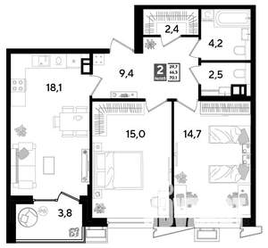 2-к квартира, строящийся дом, 70м2, 3/9 этаж