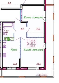 2-к квартира, сданный дом, 55м2, 4/12 этаж