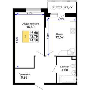 1-к квартира, строящийся дом, 45м2, 4/15 этаж