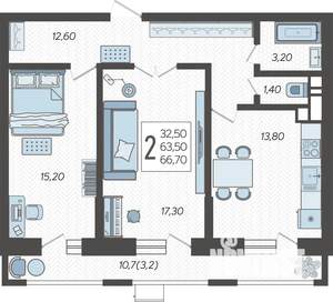 2-к квартира, строящийся дом, 68м2, 5/12 этаж
