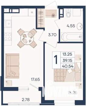 1-к квартира, вторичка, 41м2, 3/18 этаж