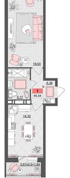 1-к квартира, вторичка, 46м2, 13/16 этаж