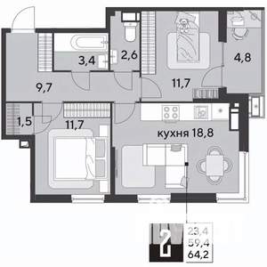 2-к квартира, строящийся дом, 64м2, 14/18 этаж