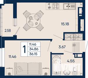 1-к квартира, вторичка, 36м2, 5/18 этаж