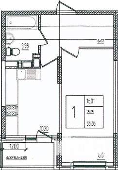 1-к квартира, вторичка, 39м2, 13/16 этаж