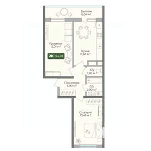 2-к квартира, вторичка, 55м2, 8/10 этаж