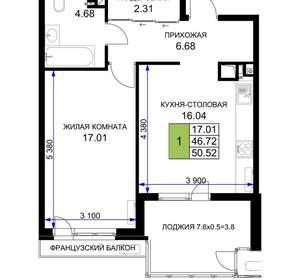 1-к квартира, вторичка, 51м2, 15/16 этаж