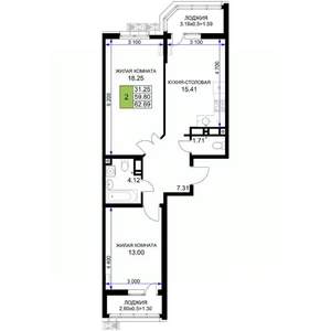 2-к квартира, вторичка, 63м2, 5/18 этаж