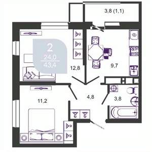 2-к квартира, вторичка, 43м2, 11/24 этаж