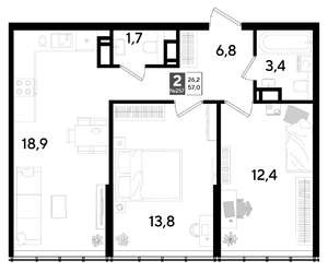 2-к квартира, вторичка, 57м2, 15/16 этаж